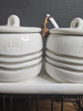 Rae Dunn White Ceramic 'jelly' Honey or Jam Pots - Set of 2
